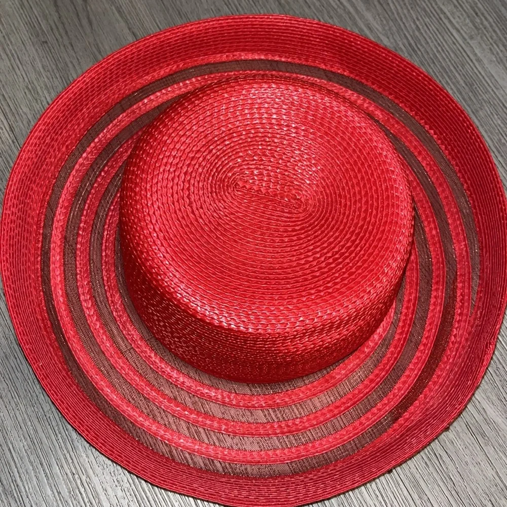 Red Straw brim hat with rhinestones.